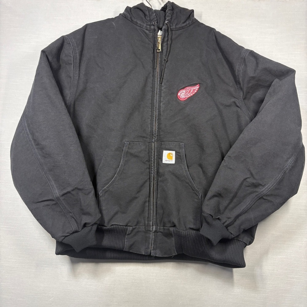 Vintage Carhartt J04 BLK Hooded Jacket Black 4XL USA Red Wings Patch